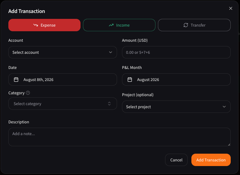 Flinance transaction form: account, amount, date, P&L month, category and project